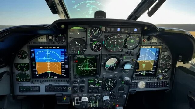 A pilot in a cockpit preparing for takeoff, surrounded by advanced avionics and controls.