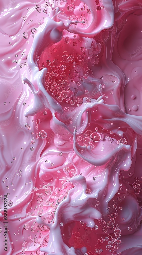 Poster abstract pink fluid background with swirling patterns and bubbles, creating a vibrant and dynamic te