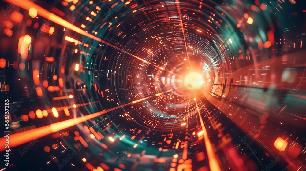 Poster creating a high-tech, immersive atmosphere ideal for sci-fi themes, a futuristic digital tunnel is l