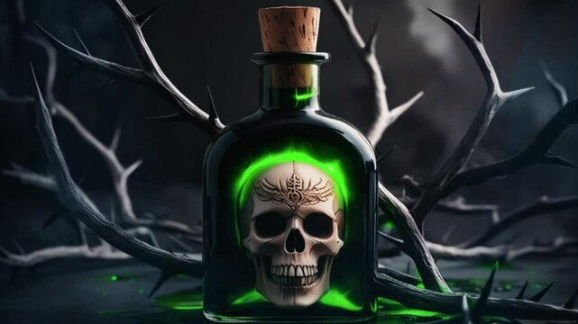 Dark Thorns Envelop Potion Bottles Holding Skulls in a Chilling Scene