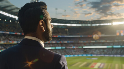young indian commentator standing at stadium
