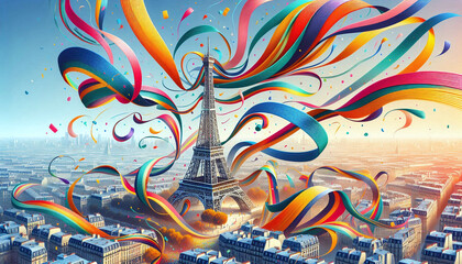 Fototapeta premium Celebratory Ribbons Dance Around The Eiffel Tower for Paris 2024 Olympics