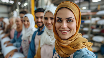 happy indian textile worker group standing together