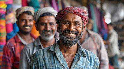 Fototapeta premium happy indian textile worker group standing together