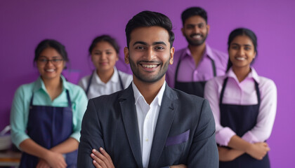 young indian businessman standing with hotel staff