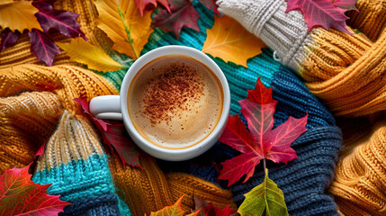 A cup of hot coffee surrounded by colorful autumn leaves and cozy blankets Symbolizing the warmth and comfort evoked in fall season.