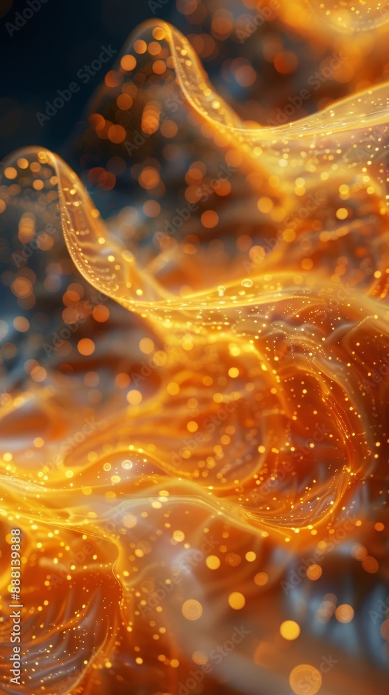 Poster close-up of abstract orange and gold flowing waves with bokeh lights, creating a mesmerizing and vib