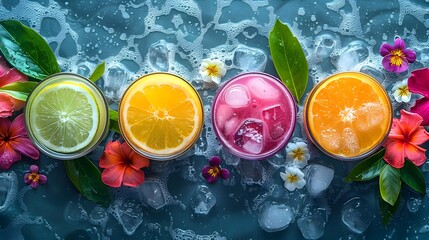 Colorful Assortment of Refreshing Citrus Drinks and Flowers on Ice