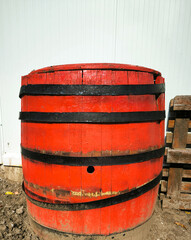 An old wooden red barrel