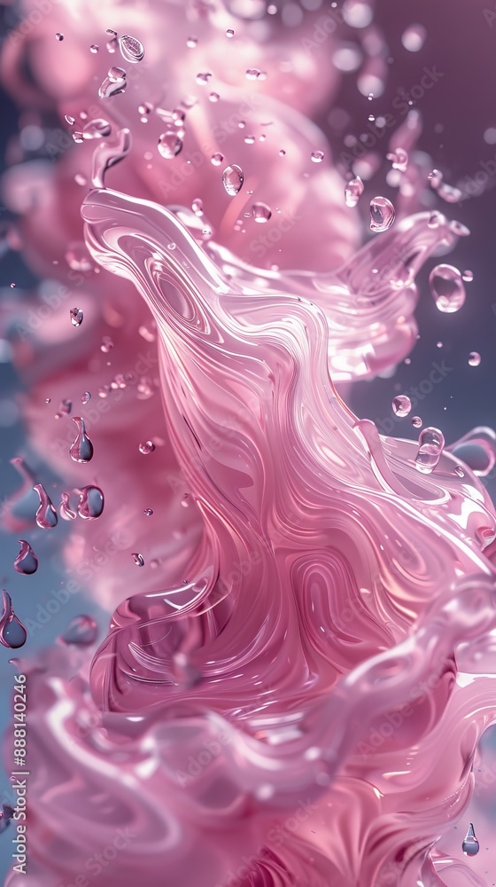Poster ethereal abstract pink fluid waves with floating droplets, creating a dreamy and mesmerizing visual 