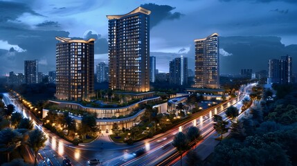 Fototapeta premium Glittering Skyscrapers Illuminating the Bustling Cityscape at Night