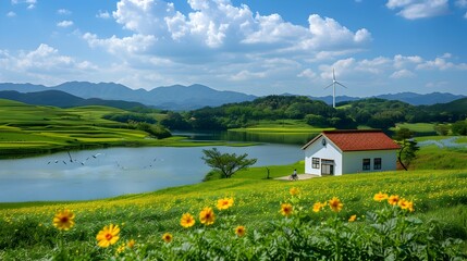 Idyllic Rural Landscape with House,Flowers and Mountains in the Background