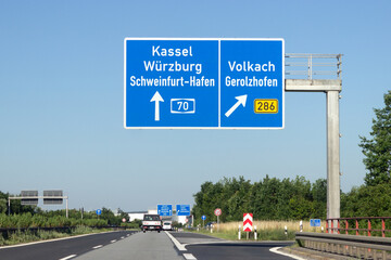 Autobahnausfahrt Volkach, Gerolzhofen, Autobahn A70, in Richtung Würzburg