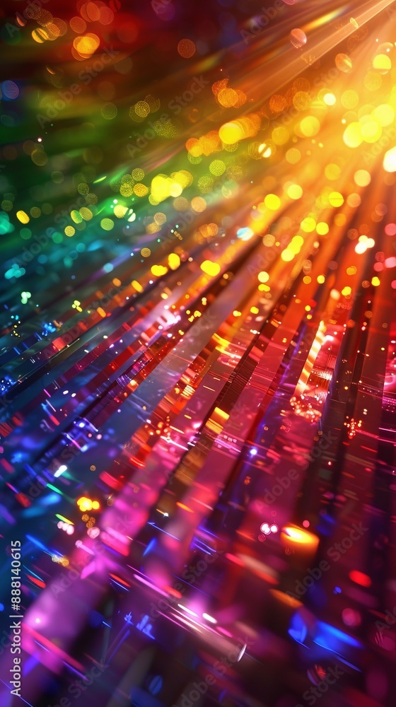 Poster vibrant abstract image with a rainbow beam effect, showcasing colorful lights and reflections creati