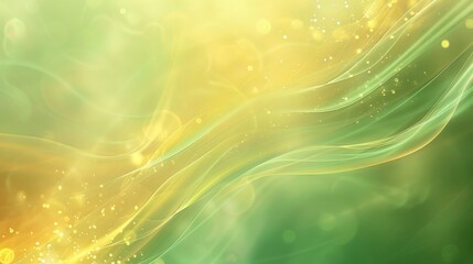 Soothing pastel yellow and green abstract background with wavy lines and glowing particles