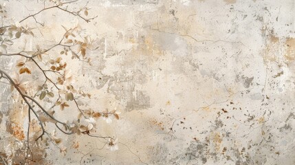 Obraz premium Cracked plaster and botanical patterns abstract background with warm earthy tones