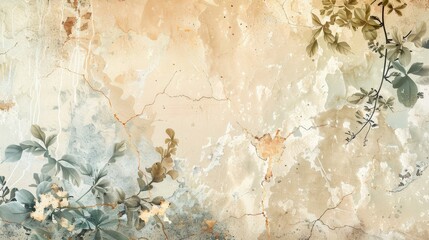 Abstract background with cracked plaster botanical patterns and warm earthy tones