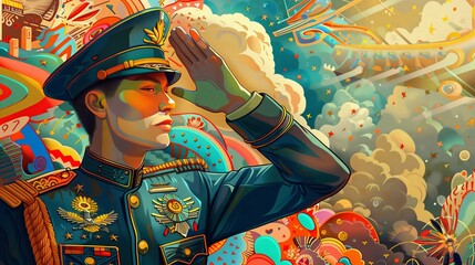 Fototapeta premium 7. A disciplined soldier in a vibrant, cartoonish uniform, saluting in front of a background filled with whimsical, fantastical elements