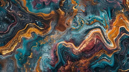 Luxurious wallpaper with liquid-like patterns in jewel tones and stone texture