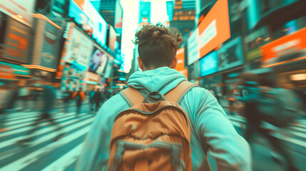 Obraz premium A young man in a blue hoodie and backpack walks along the street of New York City with a motion blur of people in the background