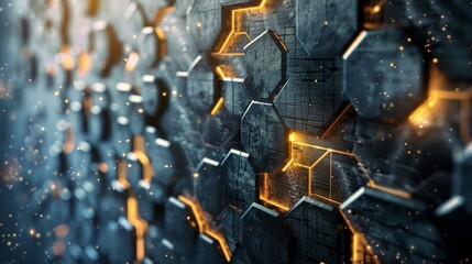 Hexagonal patterns and distressed textures with glowing light in abstract wallpaper
