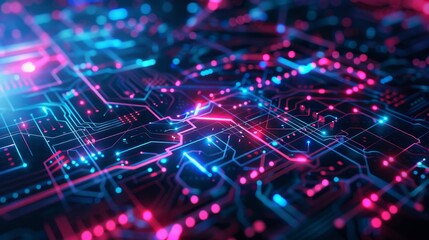 High-tech background with neon circuits and shapes on a dark base