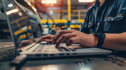 Hands of Auto Repair Shop Manager Planning Operations Using Laptop. Professional in Automotive Industry Managing Tasks and Scheduling Maintenance with Digital Tools