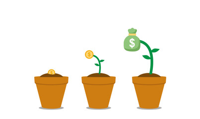 Investing in business and revenue growth. Saving and increasing money. Concept illustration. grows a money tree.