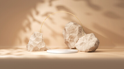 Stones and gold elements. Podium for show product. Design template. Blank scene showcase mockup with empty round stage.
