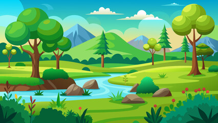 Naklejka premium Nature landscape with mountains, green grass and trees vector illustration 