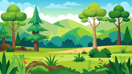 Fototapeta premium Nature landscape with mountains, green grass and trees vector illustration 