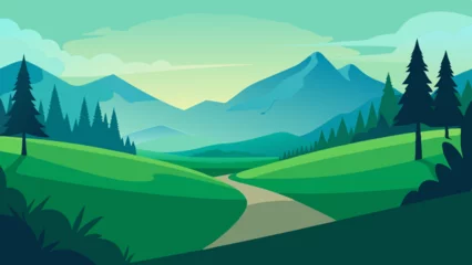 Fotobehang Zeegroen Nature landscape with mountains, green grass and trees vector illustration    © Sumondesigner_42