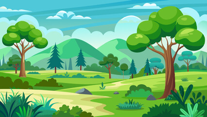 Obraz premium Nature landscape with mountains, green grass and trees vector illustration 