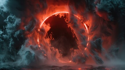 Thick billows of smoke erupting from a circular void, illuminated by ominous red glows, creating a spine-chilling and eerie atmosphere perfect for a spooky Halloween background.