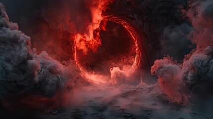 Fototapeta premium Thick billows of smoke erupting from a circular void, illuminated by ominous red glows, creating a spine-chilling and eerie atmosphere perfect for a spooky Halloween background.