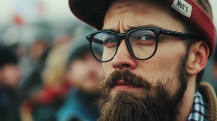A bearded man wearing glasses and a hat looks intently at something out of frame