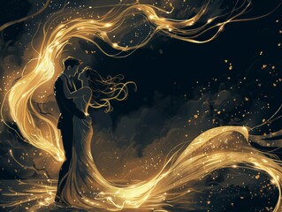 A man and woman dancing, golden light swirls around them, in the style of glowpunk with high contrast, elegant , detailed illustration, black background, dark gold color scheme, close-up shot. 