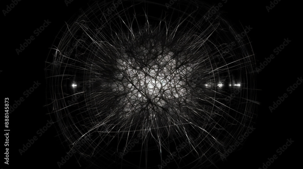 Poster Abstract dark background with light fractal ornament of moody web and particles.