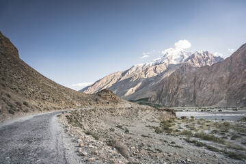 The Panj River flows between Afghanistan and Tajikistan along the Pamir Highway road in the Tien Shan mountains