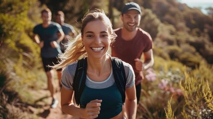 A group of friends running together on a scenic trail, showcasing the social and physical benefits of outdoor exercise