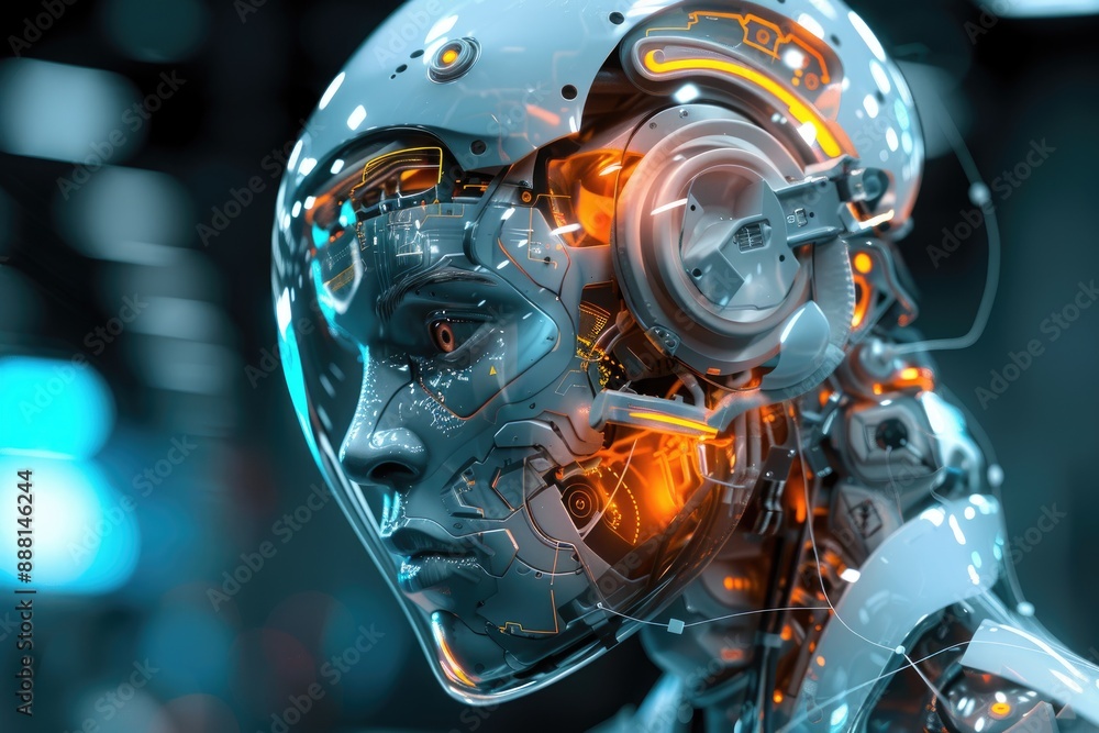 Poster a futuristic robot with a transparent shell revealing its glowing inner workings futuristic humanoid