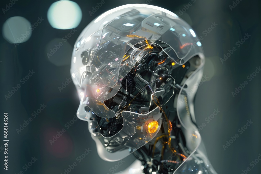 Poster a futuristic robot with a transparent shell revealing its glowing inner workings futuristic humanoid