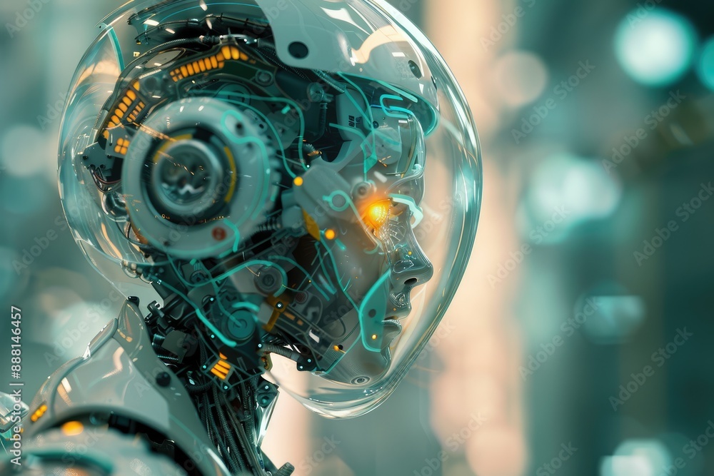 Poster a futuristic robot with glowing eyes and advanced technology, symbolizing the future of artificial i