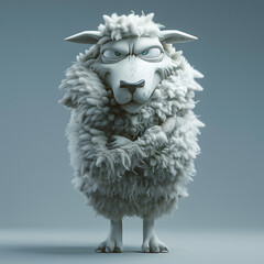 White, fluffy Wolf in sheep's clothing with serious expression stands. It has its arms crossed and appears to be looking directly, has mischievous, almost sinister appearance, with large, dark eyes an