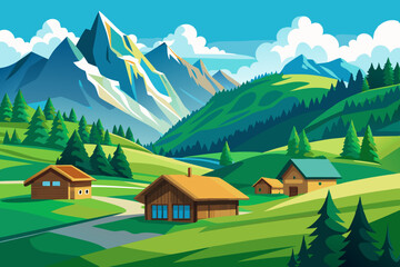 Mountain green field landscape with wooden houses vector illustration