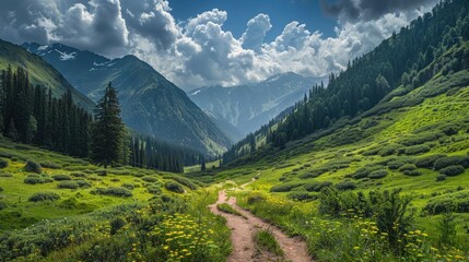 A hiking trail leading through a picturesque mountain landscape