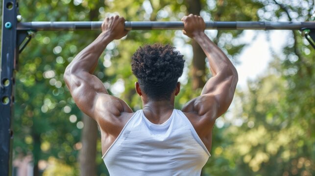 A young man doing pull-ups on a bar in an outdoor gym, representing strength training and fitness