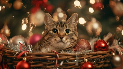 Obraz premium A cute tabby cat with wide eyes sits in a basket filled with Christmas ornaments, surrounded by festive holiday lights.