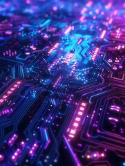 Fototapeta premium Abstract circuit patterns, glowing blue and purple, closeup, neon lines, complex and futuristic, generative AI technology, digital art