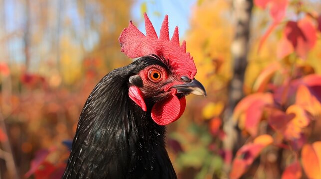 Close up view of a black chicken in natural setting with red comb at sunset surrounded by autumn foliage - Powered by Adobe